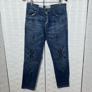 Current/Elliott The Fling Floral Embroidery Distressed Button Fly Jeans Size 27